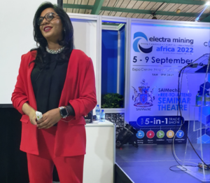 Rumisha Chaithram, now MD at Robit Plc, presenting at the Electra Mining Africa Expo in September 2022 in her role as commercial director Mining, MEA at Gilbarco Veeder-Root.